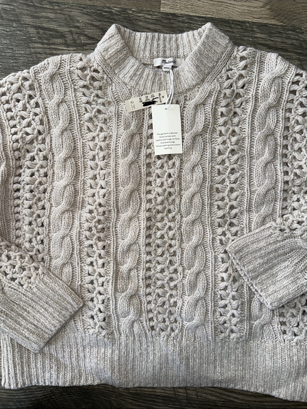 Madewell NWT marled merino wool Cable Knit Sweater mixed‎ Oat marl womens medium - Picture 8 of 13